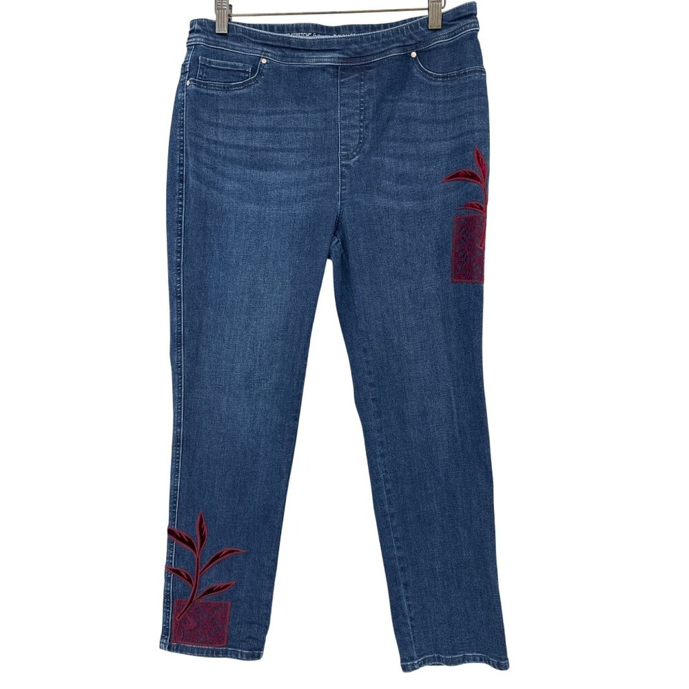 Chicos 1 Slim Leg Ankle Jeans Size 8 Perfect Stretch Red Embroidered Cotton